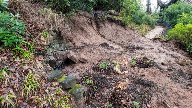 Close up of the landslide in the gardens at Quarry Bank